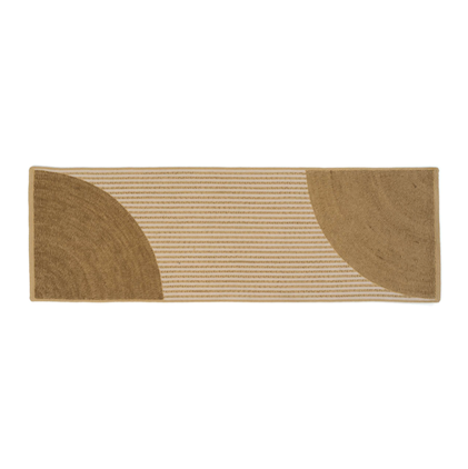 Langwerpig Elitis Holiday vloerkleed TA 116 05 06 met beige strepen en halfronde bruine accenten aan beide zijden.