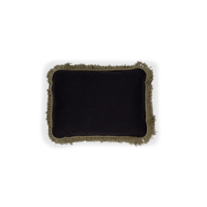 Rechthoekig Elitis Honore kussen in donkerpaars met olijfgroene franjerand.