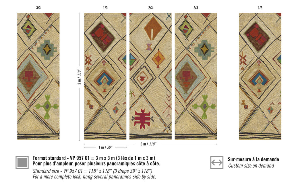 Decoratief wandpaneel Elitis Hydra Lin Brodés VP 957 01 met etnisch geïnspireerd patroon in aardetinten en geometrische vormen.