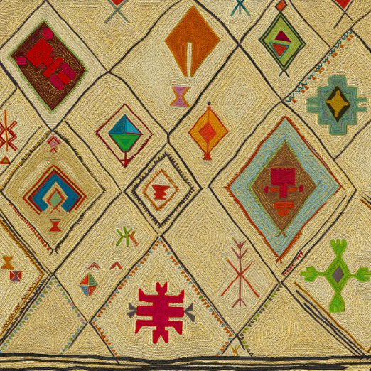 Decoratief textielpatroon uit de Elitis Hydra Lin Brodés VP 957-01 collectie met kleurrijke geometrische en abstracte vormen op een beige achtergrond.