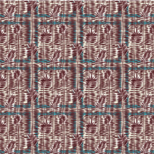 Herhalend patroon van het Elitis Initiation Mantra TP 314 01 behang met abstracte, palmachtige vormen in bruin en accenten van turquoise lijnen.
