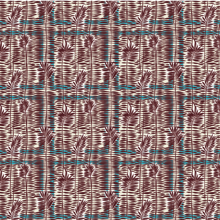 Herhalend patroon van het Elitis Initiation Mantra TP 314 01 behang met abstracte, palmachtige vormen in bruin en accenten van turquoise lijnen.