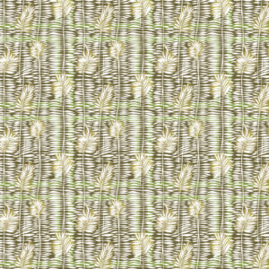 Decoratief patroon van Elitis Initiation Mantra TP 314 02 met gestileerde bladeren en lijnstructuren in aardetinten en groen.
