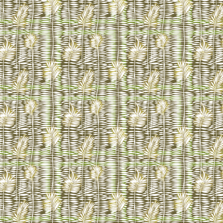 Decoratief patroon van Elitis Initiation Mantra TP 314 02 met gestileerde bladeren en lijnstructuren in aardetinten en groen.