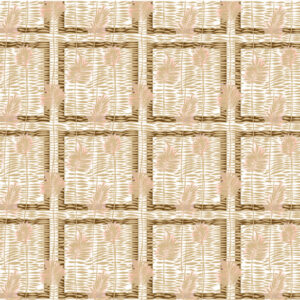 Herhalend patroon van het Elitis Initiation Mantra TP 314 03 behang met abstracte lijnen en lichtroze palmbladeren op een beige en bruine achtergrond.
