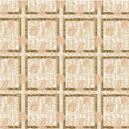 Herhalend patroon van het Elitis Initiation Mantra TP 314 03 behang met abstracte lijnen en lichtroze palmbladeren op een beige en bruine achtergrond.