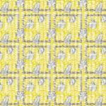 Geel en zwart patroon met abstracte lijnen en witte palmbladeren uit het Elitis Initiation Mantra TP 314 04 ontwerp.