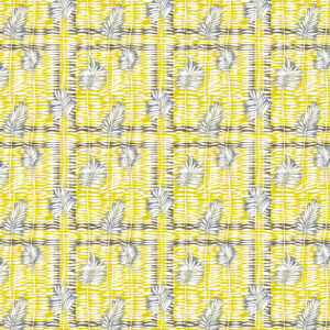 Geel en zwart patroon met abstracte lijnen en witte palmbladeren uit het Elitis Initiation Mantra TP 314 04 ontwerp.