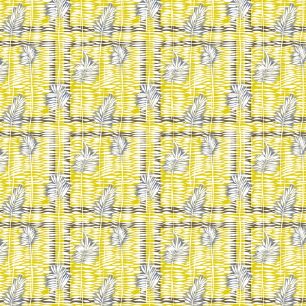 Geel en zwart patroon met abstracte lijnen en witte palmbladeren uit het Elitis Initiation Mantra TP 314 04 ontwerp.