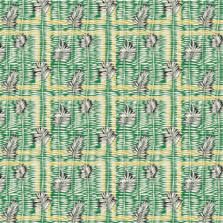 Herhalend patroon van zwarte palmbladeren op een groen, geel en wit geweven achtergrond, uit de Elitis Initiation Mantra TP 314 05 collectie.