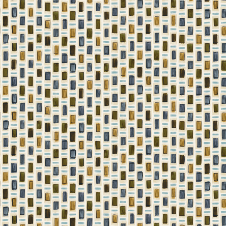 Patroon van rechthoekige vlakken in blauw, groen en goud op een lichte achtergrond uit het Elitis Initiation Ornements TP 313 01 ontwerp.