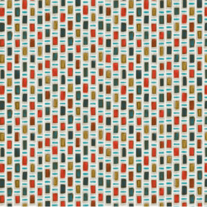 Decoratief patroon van Elitis Initiation Ornements TP 313 02 met rechthoekige vormen in rood, turquoise, goud en zwart op een lichte achtergrond.