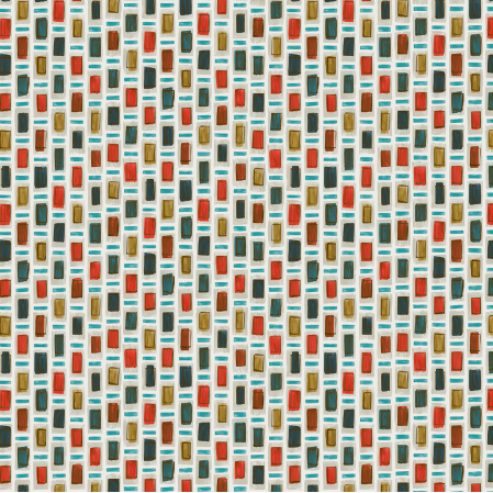 Decoratief patroon van Elitis Initiation Ornements TP 313 02 met rechthoekige vormen in rood, turquoise, goud en zwart op een lichte achtergrond.