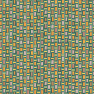 Patroon van rechthoekige, kleurrijke ornamenten in geel, roze en oranje op een groene achtergrond uit de Elitis Initiation Ornements TP 313 03 collectie.