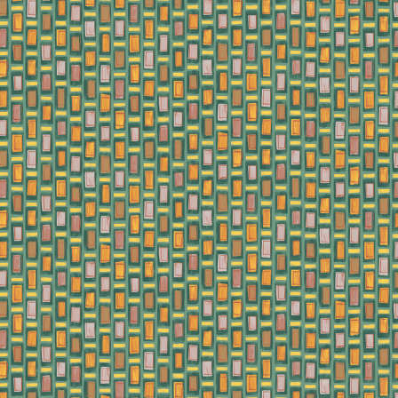 Patroon van rechthoekige, kleurrijke ornamenten in geel, roze en oranje op een groene achtergrond uit de Elitis Initiation Ornements TP 313 03 collectie.