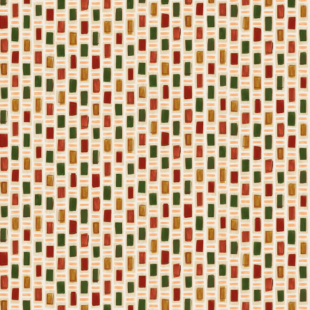Decoratief patroon uit de Elitis Initiation Ornements TP 313 04 collectie met rechthoekige vormen in rood, groen, oranje en geel op een lichte achtergrond.