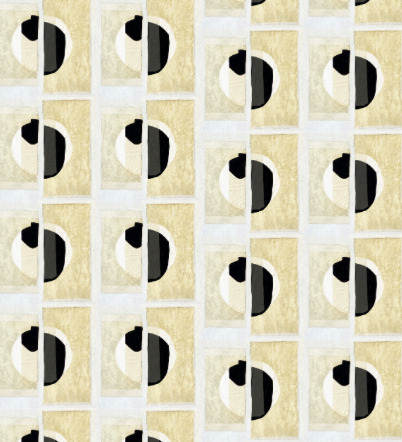 Abstract geometrisch patroon van het Elitis Izu behang RM 1030 02 uit de Art Paper collectie met beige, zwart en witte cirkelvormige vormen in een rasterstructuur.