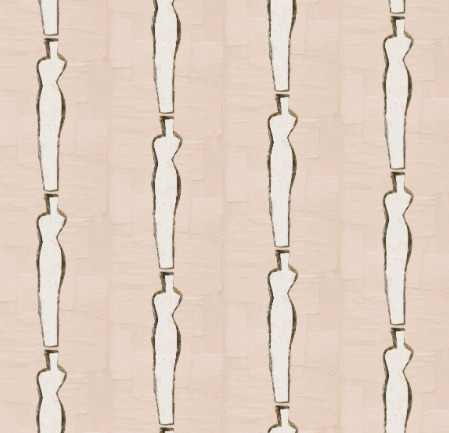 Behangpatroon uit de Elitis Naoshima collectie met gestileerde vrouwelijke silhouetten in verticale lijnen op een beige achtergrond.