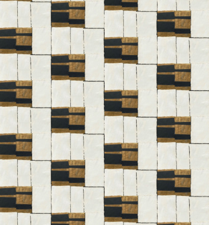 Abstract patroon van het Elitis Okinawa RM 1032 04 behang met geometrische vormen in wit, zwart en goud uit de Art Paper collectie.