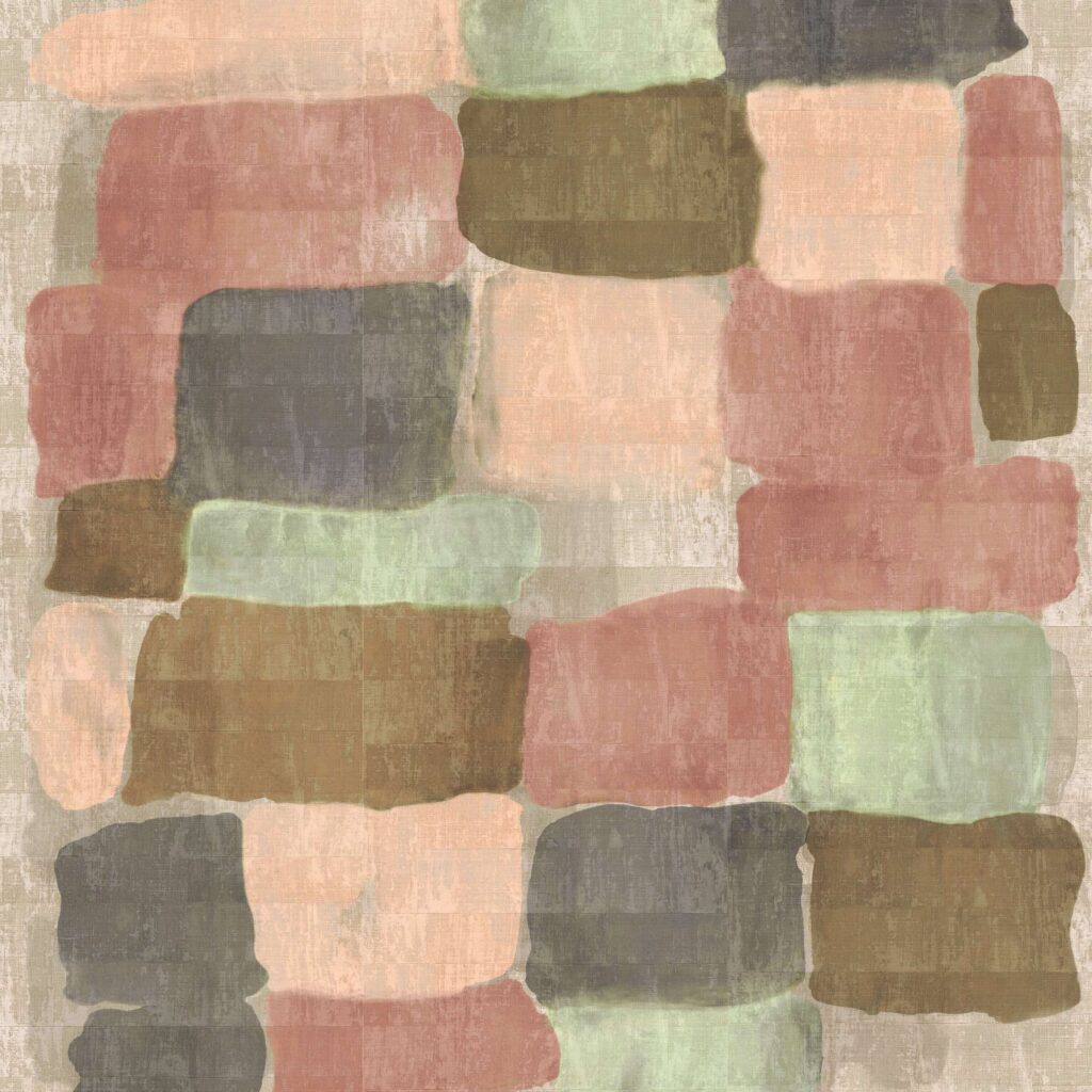 Abstract behangpatroon Elitis Palette VP 964 01 met rechthoekige penseelstreken in zachte aardetinten zoals roze, groen, bruin en grijs.