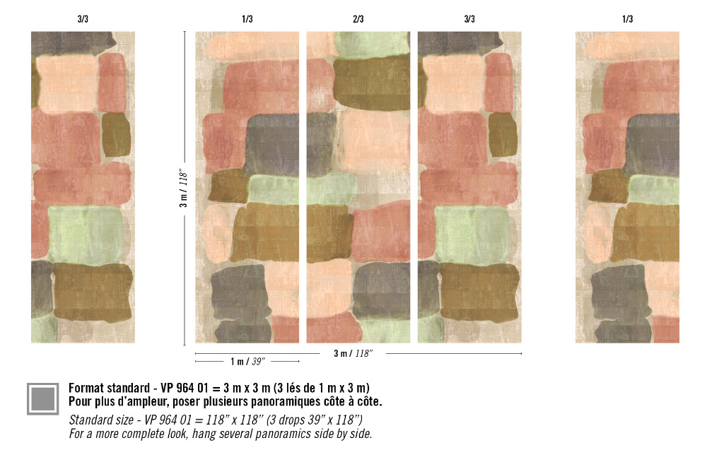 Panoramisch behang Elitis Palette VP 964 01 met abstract patroon van rechthoekige kleurvlakken in aardetinten.
