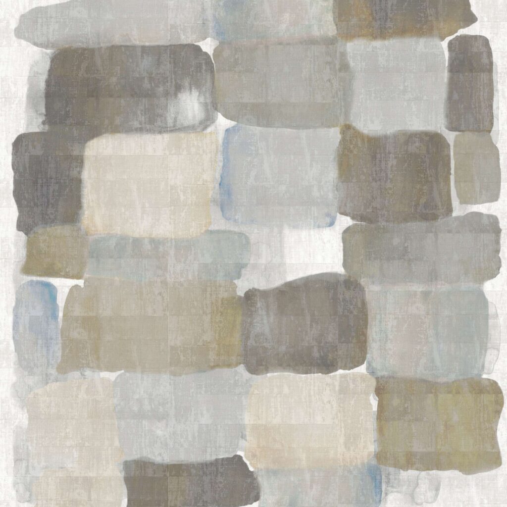 Abstract behangdesign Elitis Palette VP 964 03 met handgeschilderde blokken in neutrale aardetinten.