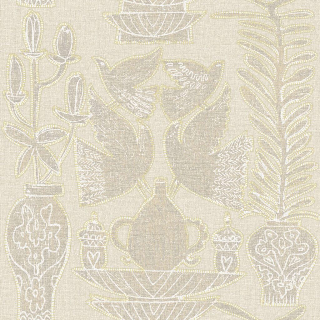 Decoratief Elitis Paros behang met gestileerde vogels, vazen en planten in beige en witte tinten.