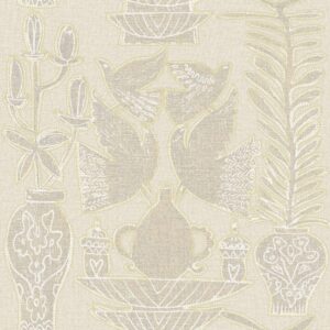 Decoratief Elitis Paros behang met gestileerde vogels, vazen en planten in beige en witte tinten.