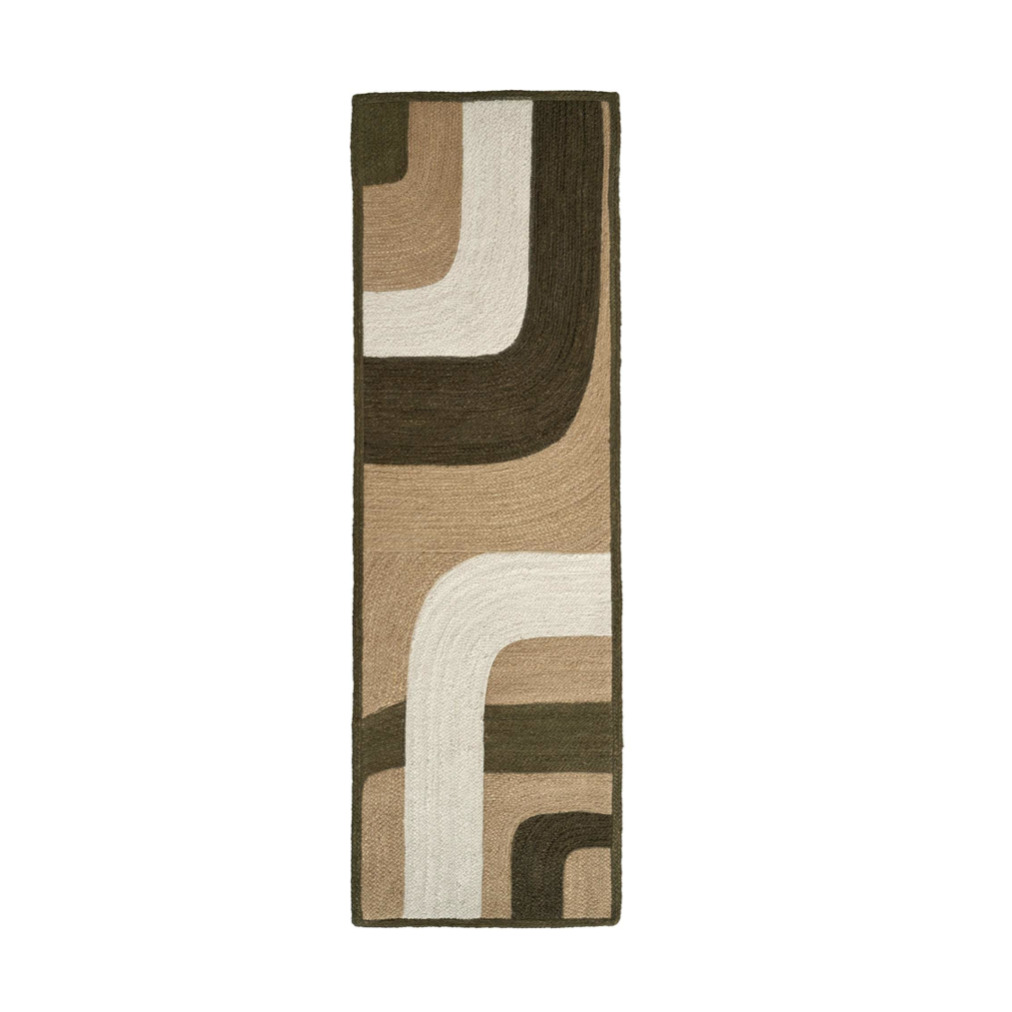Rechthoekig Elitis Penny Lane vloerkleed in olijfgroen, beige en wit met een abstract gebogen patroon.