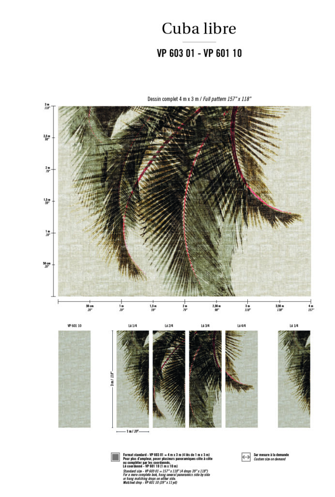 Behangpatroon "Cuba Libre" met grote, overlappende palmbladeren op een geweven textuurachtergrond.