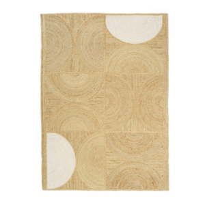 Beige vloerkleed Elitis Rocky Naturel TA 109 05 04 met geometrisch patroon en halve cirkels in wit.