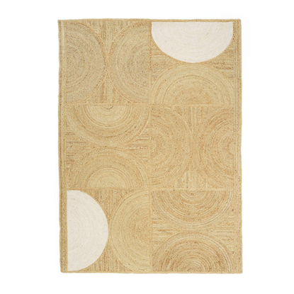 Beige vloerkleed Elitis Rocky Naturel TA 109 05 04 met geometrisch patroon en halve cirkels in wit.