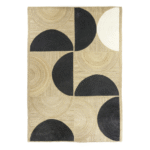 Beige Elitis Rocky vloerkleed met zwart en wit geometrisch halve cirkelpatroon.