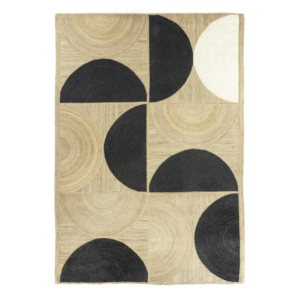 Beige Elitis Rocky vloerkleed met zwart en wit geometrisch halve cirkelpatroon.