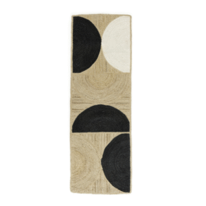 Lange, rechthoekige Elitis Rocky vloerkleedloper in zwart, wit en naturel met geometrisch cirkelpatroon.