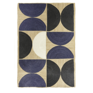 Vloerkleed Elitis Rocky in marineblauw met zwart-witte halve cirkels op een beige achtergrond, formaat 180 x 250 cm.