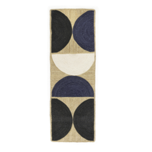 Langwerpig Elitis Rocky vloerkleed in marinekleur met geometrisch patroon van halve cirkels in zwart, blauw en wit op een beige achtergrond.