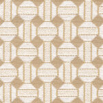 Beige en witte Elitis Sarnico outdoor stof met een geometrisch patroon van cirkels en vierkanten.