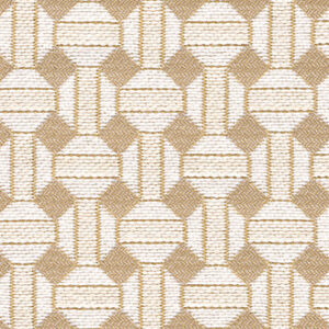 Beige en witte Elitis Sarnico outdoor stof met een geometrisch patroon van cirkels en vierkanten.