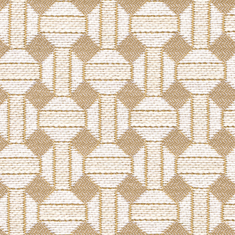 Beige en witte Elitis Sarnico outdoor stof met een geometrisch patroon van cirkels en vierkanten.