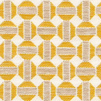 Geweven Elitis Sarnico outdoor stof met geel en beige geometrisch patroon op een crèmekleurige achtergrond.