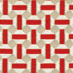 Geweven Elitis Sarnico outdoor stof met een geometrisch patroon in rood, beige en wit.