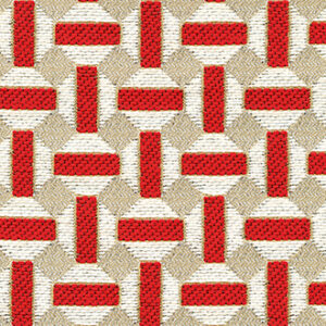 Geweven Elitis Sarnico outdoor stof met een geometrisch patroon in rood, beige en wit.