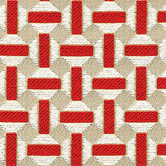 Geweven Elitis Sarnico outdoor stof met een geometrisch patroon in rood, beige en wit.