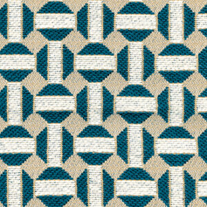 Geweven Elitis Sarnico outdoor stof met een geometrisch patroon in turquoise, beige en wit.