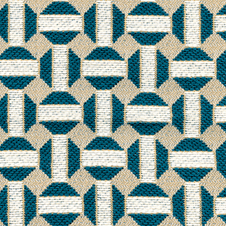 Geweven Elitis Sarnico outdoor stof met een geometrisch patroon in turquoise, beige en wit.