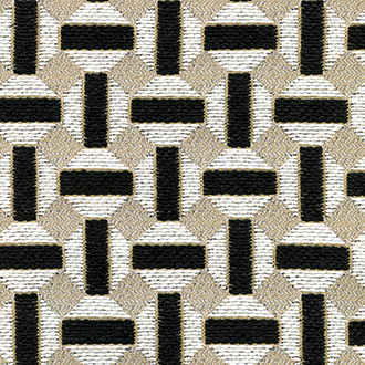 Patroon van de Elitis Sarnico outdoorstof met geometrisch ontwerp in zwart, wit en beige.