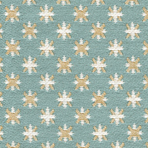Groenblauwe Elitis Sebino outdoorstof met een patroon van beige en witte stervormige motieven.