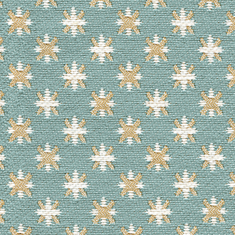 Groenblauwe Elitis Sebino outdoorstof met een patroon van beige en witte stervormige motieven.
