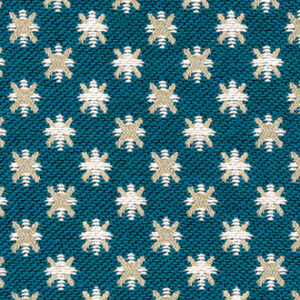 Outdoorstof Elitis Sebino OD 115-45 met een patroon van beige en witte stervormige motieven op een turquoise achtergrond.